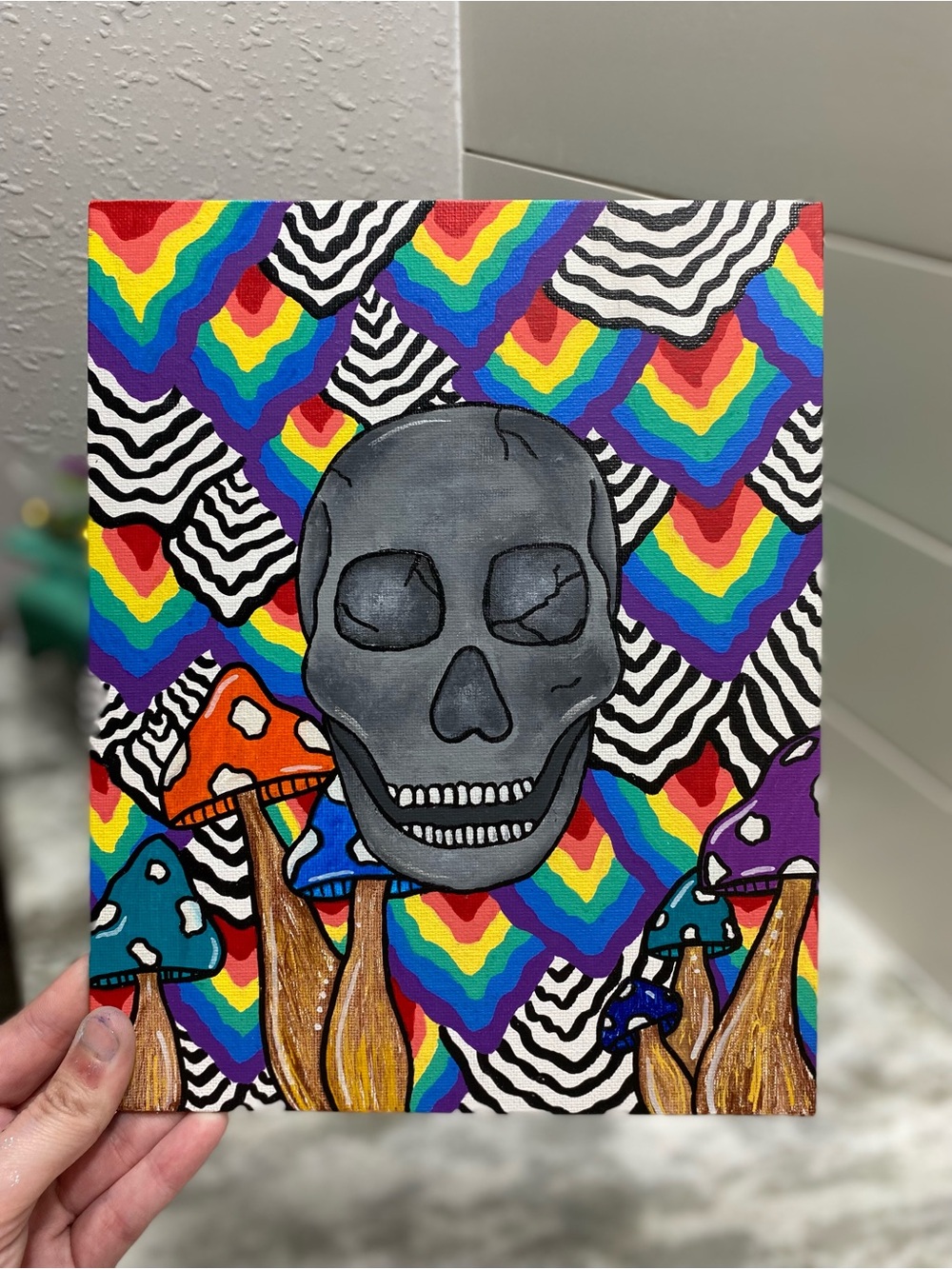 Colorful Skull and Mushroom Canvas Board Art - Picture 4 of 5